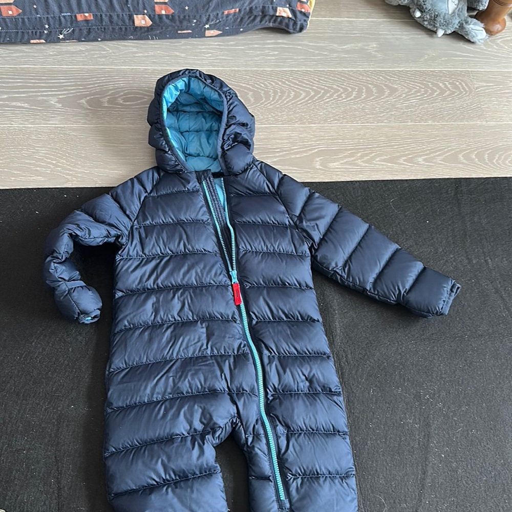 Navy Blue LL Bean snowsuit, one piece, zipper with hand and foot cuffs